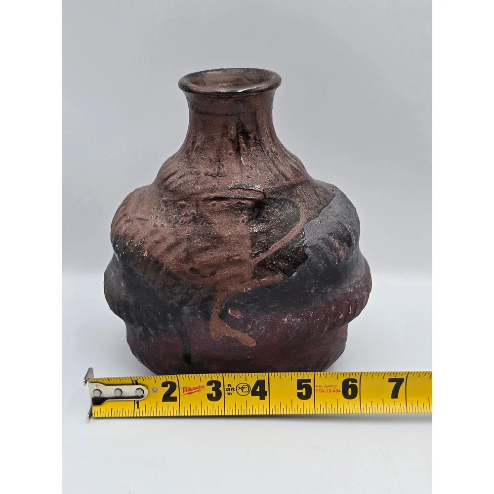 M Casper Studio Pottery Vase Art 7.5in Brown Black‎ Excellent Brutalist 1987